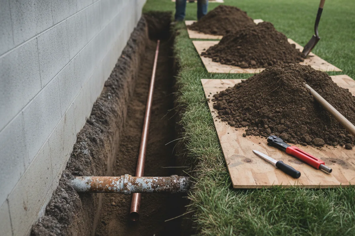 Excavated water line trench during Water Heater Repair in Fruitland